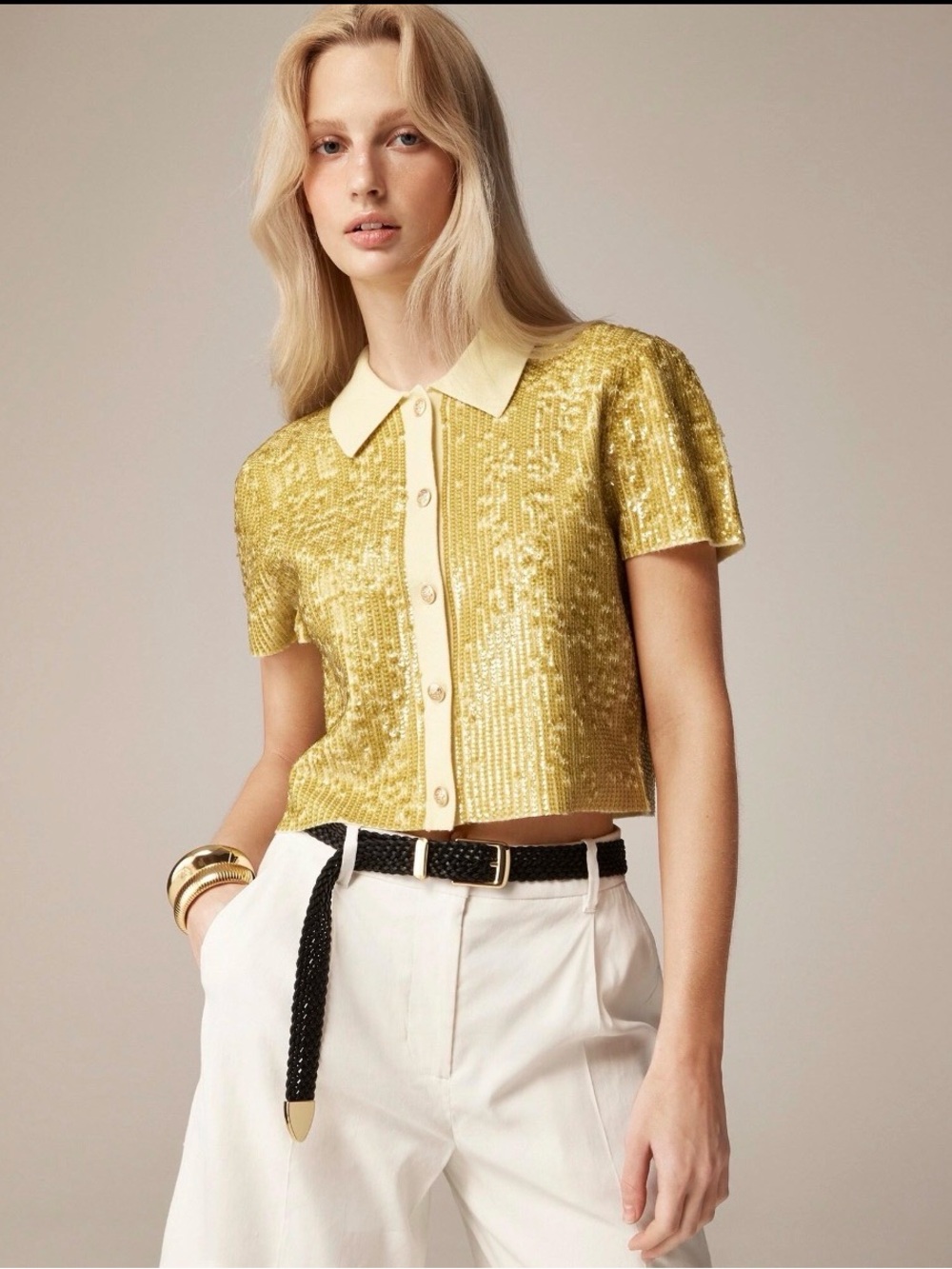 NWT - J.Crew Collection Cropped Sequin Shirt - Size S - color: fresh lemon